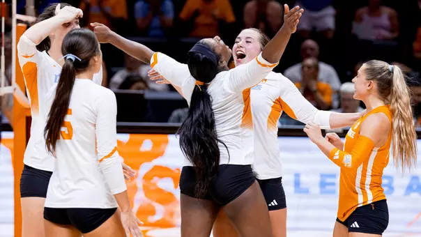 Caroline Kerr and Kennedi Rogers Celebrate During Match Against Illinois