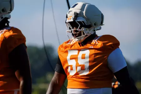 KNOXVILLE, TN - August 05, 2026 - Defensive lineman Dereon Albert #59 of the Tennessee Volunteers during 2026 Fall Camp practice on Haslam Field in Knoxville, TN. Photo By Kate Luffman/Tennessee Athletics