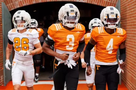 KNOXVILLE, TN - August 22, 2026 - Wide receiver Doren Sacha #26, Defensive back Tre Poteat III #3 and Defensive back Ty Redmond #4 of the Tennessee Volunteers during 2026 Fall Camp scrimmage at Neyland Stadium in Knoxville, TN. Photo By Kate Luffman/Tennessee Athletics