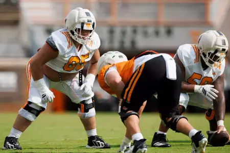 KNOXVILLE, TN - August 15, 2026 - Offensive lineman Michael Kostantonov #65 of the Tennessee Volunteers during 2026 Fall Camp scrimmage at Neyland Stadium in Knoxville, TN. Photo By Kate Luffman/Tennessee Athletics