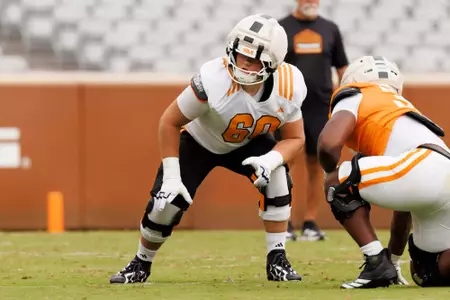 KNOXVILLE, TN - August 22, 2026 - Offensive lineman Thomas Storm #60 of the Tennessee Volunteers during 2026 Fall Camp scrimmage at Neyland Stadium in Knoxville, TN. Photo By Kate Luffman/Tennessee Athletics