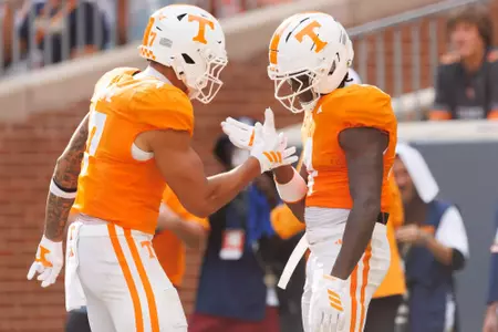 KNOXVILLE, TN - September 05, 2026 - Tight end DaSaahn Brame #7 and Wide receiver Mike Matthews #4 of the Tennessee Volunteers during the game between the Furman Paladins and the Tennessee Volunteers at Neyland Stadium in Knoxville, TN. Photo By Elliot Walker/Tennessee Athletics