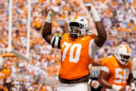KNOXVILLE, TN - September 05, 2026 - Offensive lineman David Sanders Jr. #70 of the Tennessee Volunteers during the game between the Furman Paladins and the Tennessee Volunteers at Neyland Stadium in Knoxville, TN. Photo By Kate Luffman/Tennessee Athletics
