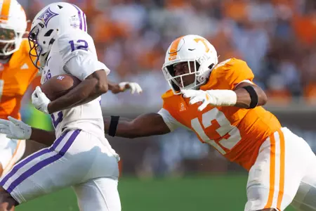 KNOXVILLE, TN - September 05, 2026 - Linebacker Edwin Spillman #13 of the Tennessee Volunteers during the game between the Furman Paladins and the Tennessee Volunteers at Neyland Stadium in Knoxville, TN. Photo By Elliot Walker/Tennessee Athletics