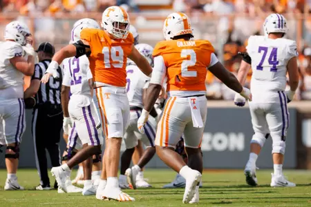 KNOXVILLE, TN - September 05, 2026 - Defensive lineman Nathan Robinson #19 and Defensive lineman Xavier Gilliam #2 of the Tennessee Volunteers during the game between the Furman Paladins and the Tennessee Volunteers at Neyland Stadium in Knoxville, TN. Photo By Kate Luffman/Tennessee Athletics