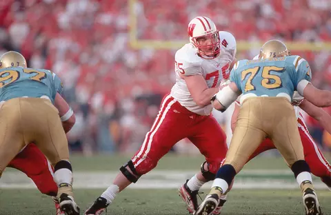 Chris McIntosh (75) blocking during the Rose Bowl for Wisconsin football against UCLA