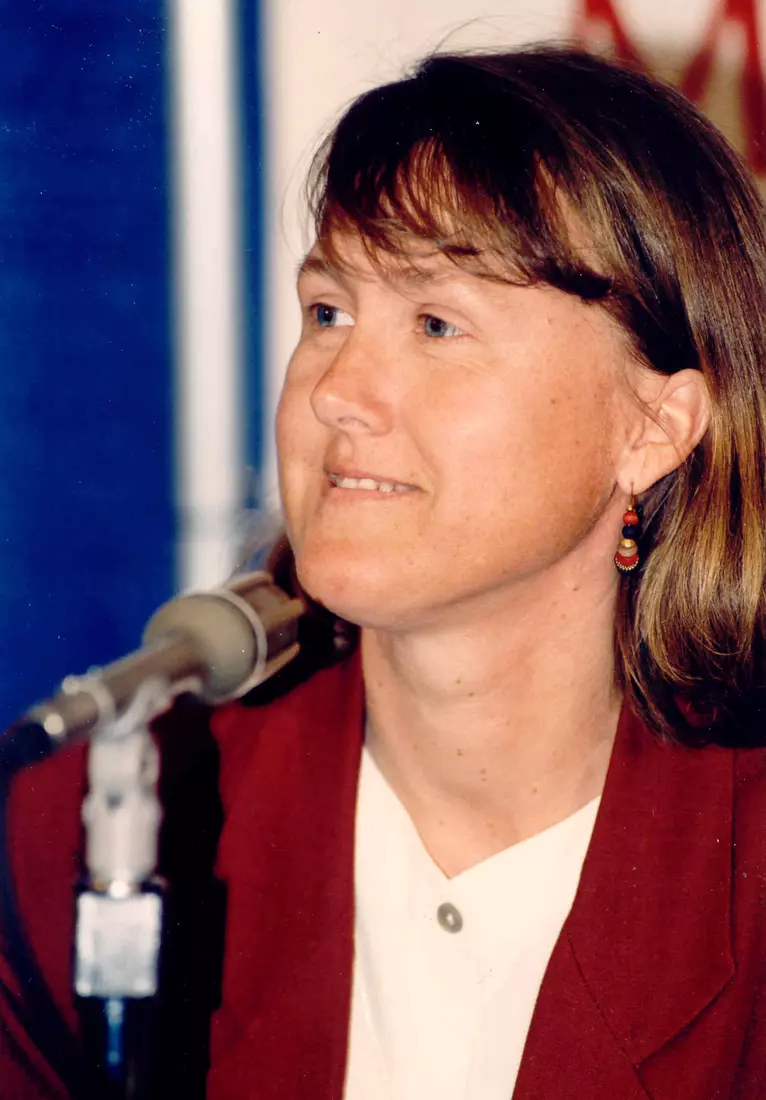 Former Wisconsin senior associate athletic director Cheryl Bailey speaking at a news conference