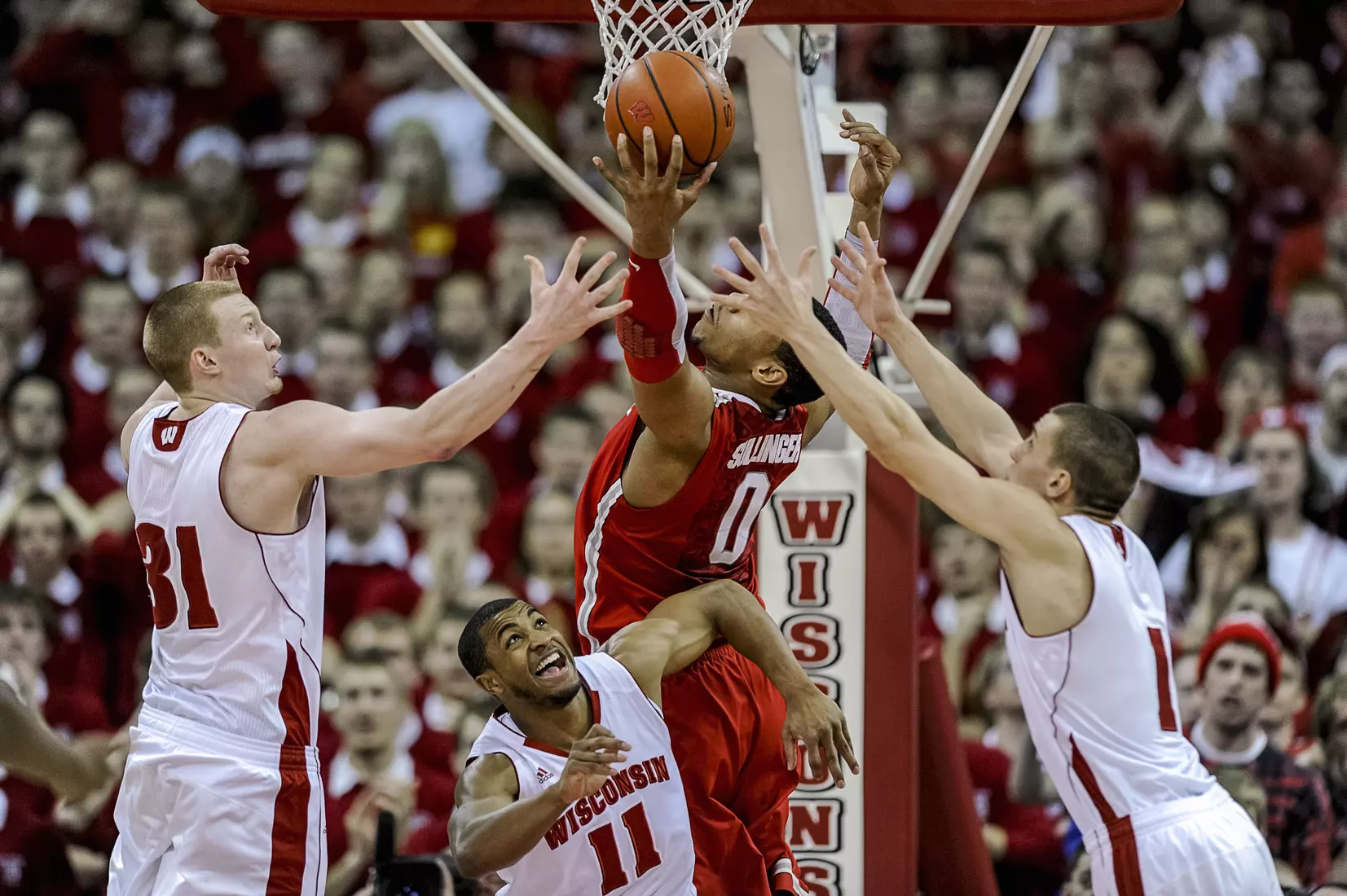 04 February 2012: Ohio State Buckeyes forward Jared Sullinger (0) battles with Wisconsin Badgers guard Jordan Taylor (11) and Wisconsin Badgers forward Mike Bruesewitz (31) over a rebound in game action. The Ohio State Buckeyes defeated the Wisconsin Badgers by the score of 58-52 at the Kohl Center, in Madison Wisconsin.***Editorial Usage Only***
