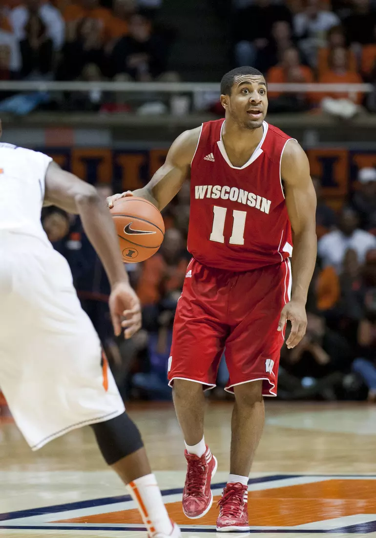 January 22 2012: Wisconsin Badgers guard Jordan Taylor dribbles upcourt with the basketball during an NCAA basketball game against the Illinois Fighting Illini at Assembly Hall, Champaign, Illinois.