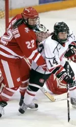 <b> Wisconsin's Malee Windmeier defends SCSU's Brittany Toor in Friday's win </b>