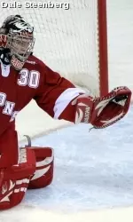 <b> Freshman goaltender Becca Ruegsegger had 17 saves against Robert Morris </b>