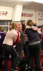 <b> The Badgers react to hearing their name announced during the NCAA Selection Show. </b>