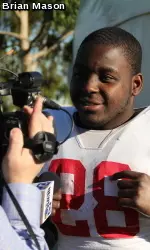 <b>RB Montee Ball (28) speaks with a reporter following the Badgers' practice at the Home Depot Center in Carson, Calif., Dec. 27, 2010 (Brian Mason photo).</b>