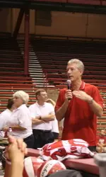 <b>Coach Pete Waite talks to the fans during Volleyball Fan Fest</b>