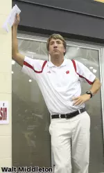 <b>Eric Hansen enters his 12th season as head coach at Wisconsin. Here, he looks on at last year's Big Ten Championships.</b>