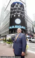 <b>Wisconsin Director of Athletics Barry Alvarez poses outside the Nasdaq headquarters in New York City prior to the announcement of the College Football Hall of Fame Class of 2010 on May 27, 2010 (NFF/Gene Boyars).</b>