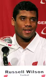 <b>Badgers quarterback Russell Wilson met with the media Monday.</b>