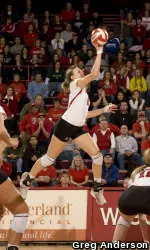 <b>Bailey Reshel goes up for a kill vs. No. 6 Penn State.</b>