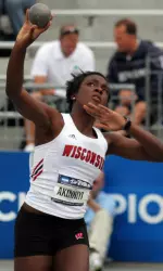 <b>Sophomore Dorcas Akinniyi's outdoor personal-best mark in the shot put helped her post a career-best first-day total.</b>
