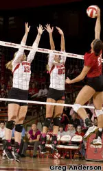 <b>Mary Ording and Ellen Chapman go up for a block.</b>