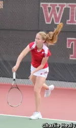 <b> Freshman Sarah Loebel came up short in three sets at court four. </b>