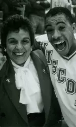 <b>Chris Nelson and Chancellor Donna Shalala celebrate a national title.</b>