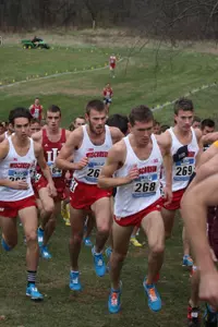 Malachy Schrobilgen, Morgan McDonald, Voorhis Van Michael, Joe Hardy run in the lead pack at the 2014 Big Ten Cross Country Championship in Iowa City, Iowa on Nov. 2, 2014