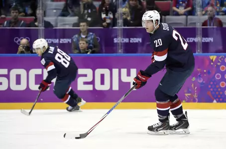 Feb 22, 2014; Sochi, RUSSIA; USA defenseman Ryan Suter (20) skates with the puck against Finland in the men's ice hockey bronze medal game during the Sochi 2014 Olympic Winter Games at Bolshoy Ice Dome. Mandatory Credit: Scott Rovak-USA TODAY Sports
