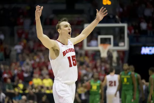 F Sam Dekker (15) celebrates during the Badgers' 85-77 win over Oregon in the third round of the 2014 NCAA Tournament, March 22, 2014 (David Stluka photo)