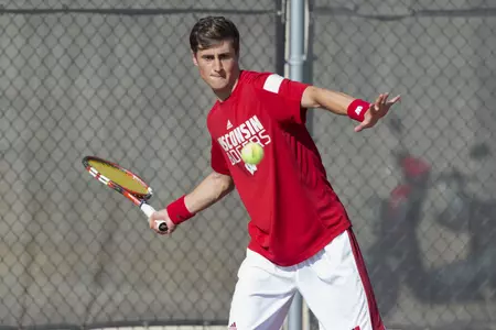 Josef Dodridge hits the ball during a practice at the Nielsen Tennis Stadium Tuesday, September 16, 2014 in Madison, Wis. (Photo by David Stluka)