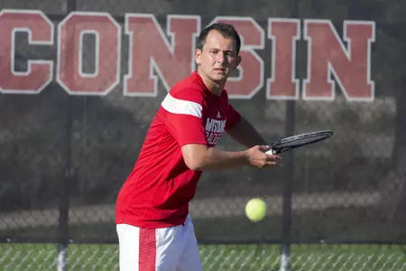 Jakhongir Jalolov hits the ball during a practice at the Nielsen Tennis Stadium Tuesday, September 16, 2014 in Madison, Wis. (Photo by David Stluka)