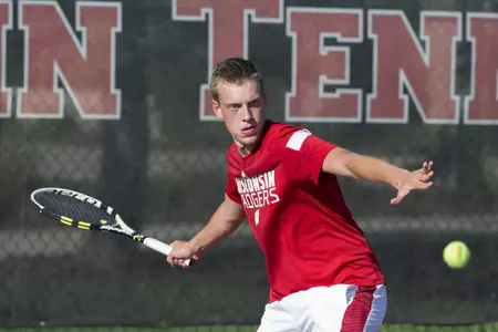 Alexander Kokorev hits the ball during a practice at the Nielsen Tennis Stadium Tuesday, September 16, 2014 in Madison, Wis. (Photo by David Stluka)