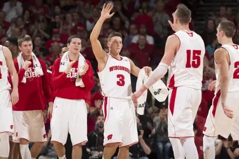 Wisconsin guard Zak Showalter (3) celebrates with Sam Dekker (15) during the Badgers' game against Iowa at the Kohl Center on Jan. 20, 2015 (David Stluka photo)