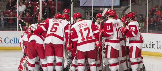 Team gathering around the net