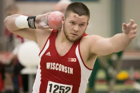 Riley Budde competes in the shot put at the 2015 Big Ten Indoor Championships, Feb. 27, 2015 (Walt Middleton photo)