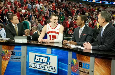 Sam Dekker (15) joins Dave Revsine, Stephen Bardo and Shon Morris on the BTN postgame show following the Badgers' game vs. Michigan in the quarterfinals of the 2015 Big Ten Tournament, March 13, 2015 (Bob Campbell photo)