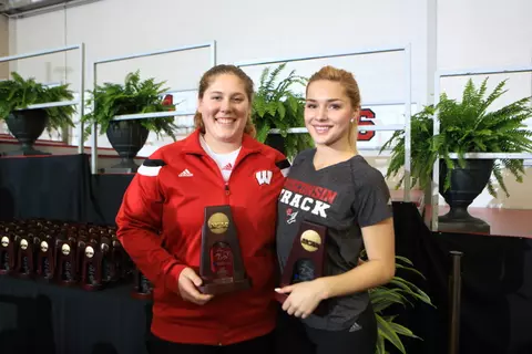 Kelsey Card, Georgia Ellenwood receive their awards at the 2015 NCAA Indoor Championship in Fayetteville, Arkansas (Walt Middleton Photography).