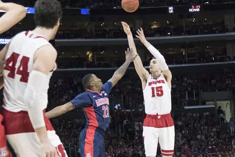 Sam Dekker (15) attempts a 3-pointer during the Badgers' Elite Eight game vs. Arizona in the West Regional final, March 28, 2015 (David Stluka photo)