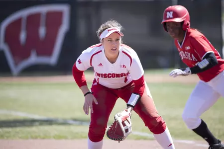 Freshman Samantha Arents readies for the pitch during the Badgers' game against Nebraska on April 26, 2015. (Photo by David Stluka)