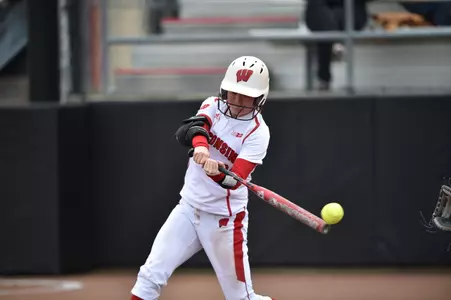 Freshman Kelsey Jenkins knocks a single in during the Badgers' game vs. Penn State on April 3, 2015. Photo by Jack McLaughlin