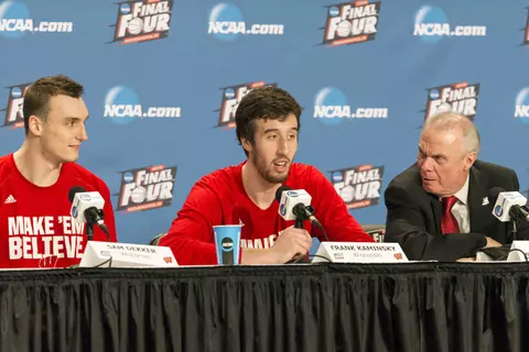 Sam Dekker (15), Frank Kaminsky (44) and head coach Bo Ryan during a news conference following the Badgers' national semifinal vs. Kentucky in the Final Four, April 4, 2015 (David Stluka photo)