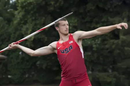 Wisconsin Badgers track and field decathlete Zach Ziemek wearing his Team USA gear. (Photo by David Stluka).