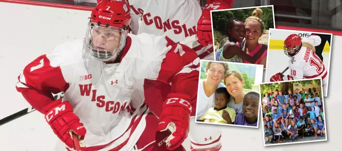 Action photo of Jake Bunz with inset photos of Mikayla Johnson, Tia Bunz, and children from the Fond Blanc orphanage.