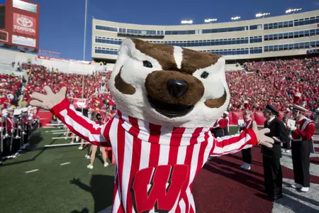 Bucky Badger on the Camp Randall Stadium field