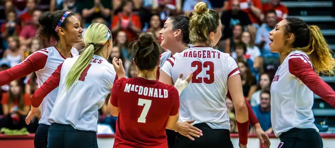 The Badger volleyball team celebrates on the court