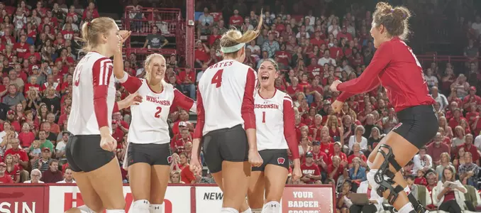 The Badger volleyball team celebrates on the court.