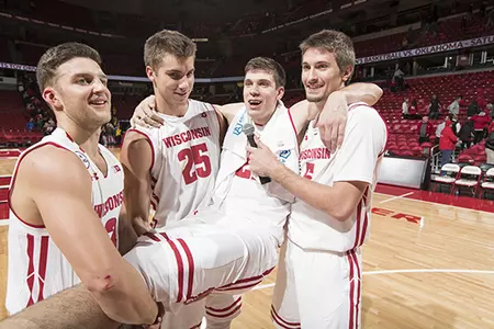 Men's basketball vs. Syracuse 2016 Ethan Happ carried by teammates Zak Showalter, Aaron Moesch, Alex Illikainen