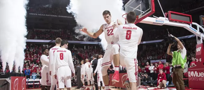 Ethan Happ is introduced prior to a men's basketball game vs. Ohio State