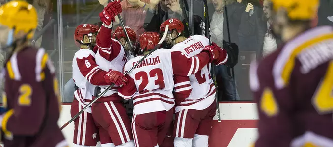 Men's hockey vs. Minnesota 2017 Matt Ustaski Aidan Cavallini goal celebration