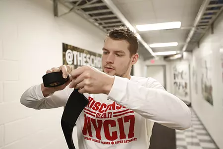 Men's Hockey 2017 Ohio State Jedd Soleway pre-game preparation